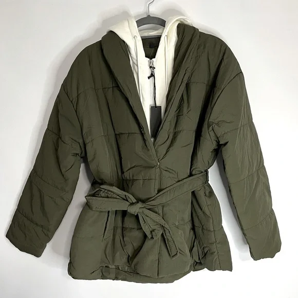 25) NWT BLANK NYC Olive Green & Cream Hooded Quilted Tie Waist Puffer Jacket MED - Picture 2 of 14